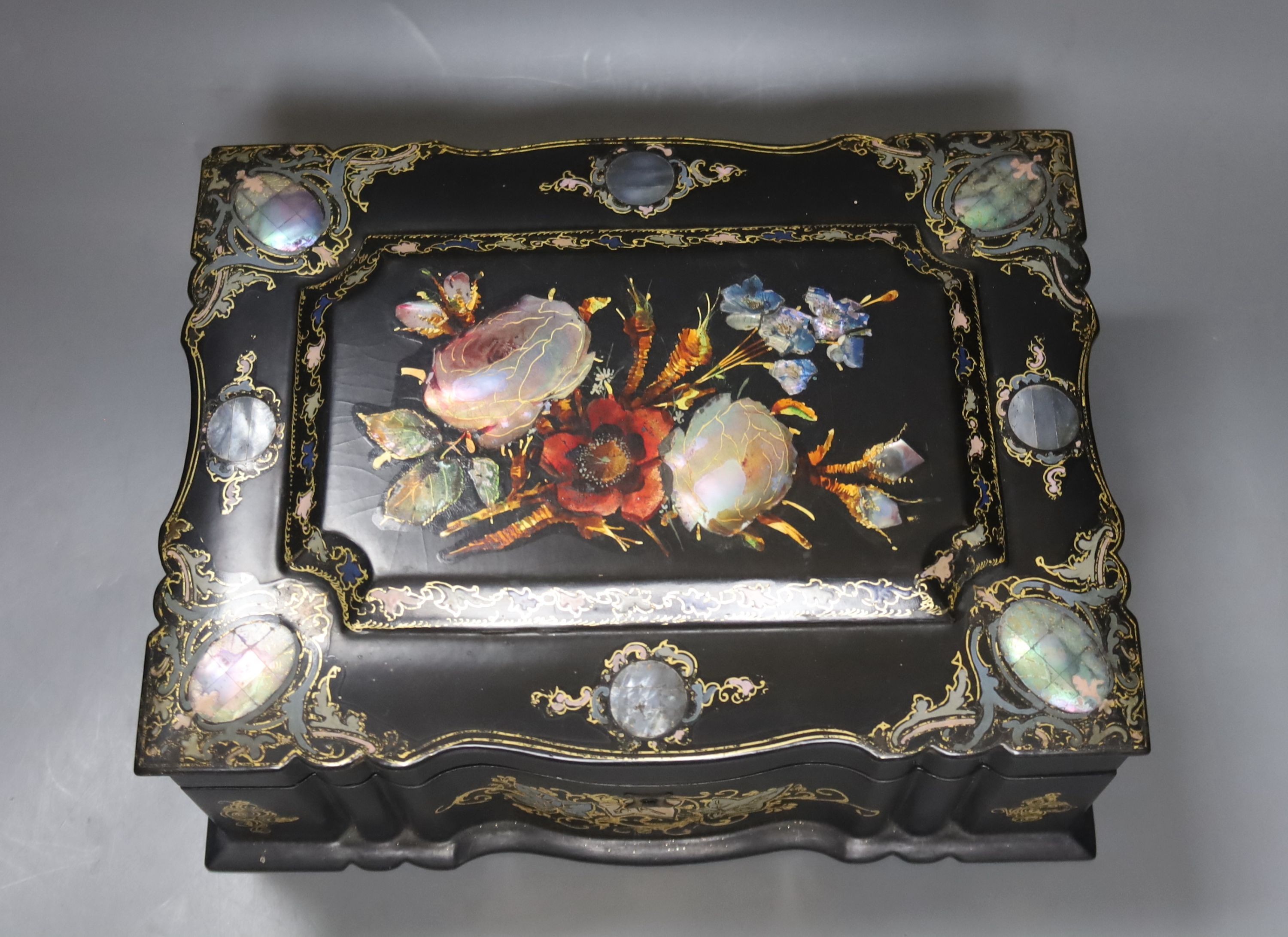 A 19th century mother of pearl inlay black lacquer papier mache needlework box, width 26cm height 11.5cm